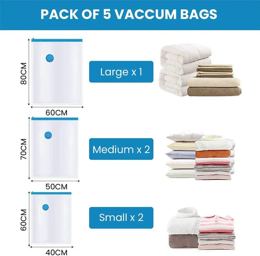 Vacuum Storage Bags with Suction Pump & Shirt clips - Vacuum Bags - Big Capacity Vacuum Seal Bags for Travel Clothes Blankets Pillows, Compression Bags | Space Saver Vacuum Storage Bags (5 Pcs Set)
